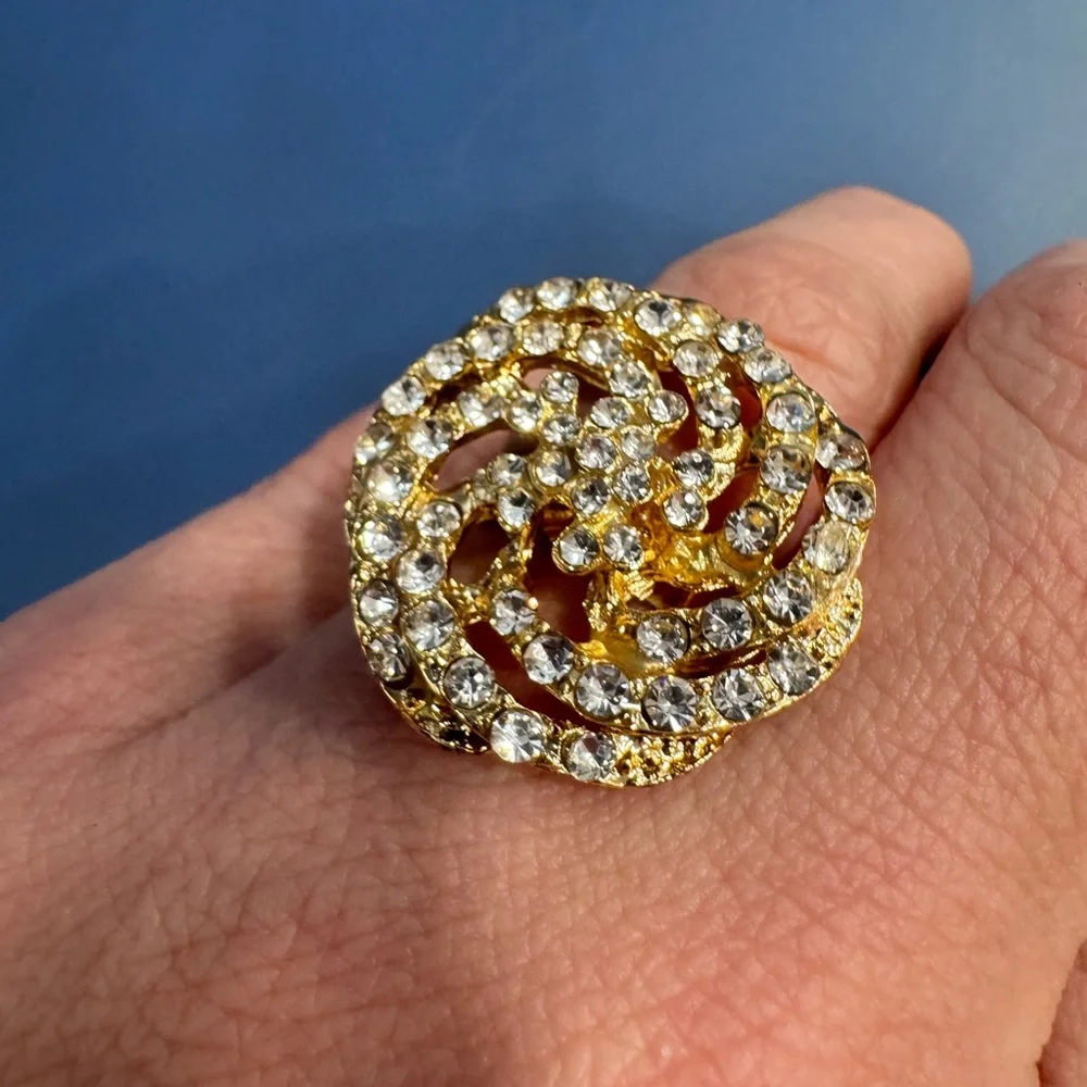 Vintage Gold toned Rhinestone swirl adjustable Women's Ring